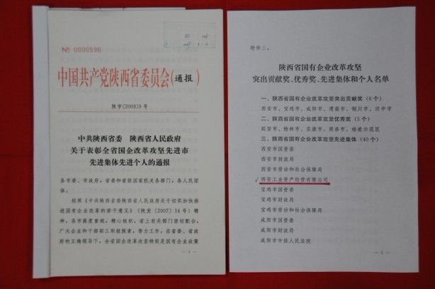 2009年2月，被陜西省委、省政府授予陜西省國有企業(yè)改革攻堅先進集體